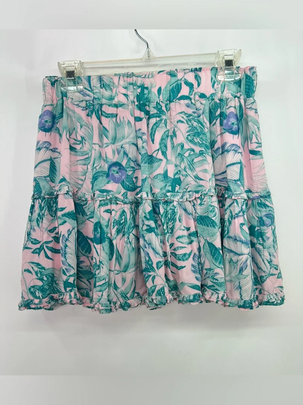 Olivaceous Pink Green Pastel Tropical Floral Tiered Ruffled Mini Skirt M Medium